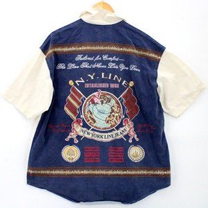 Vintage NY Line Shirt Mens Beige Short Sleeve Button Down Collared Cotton Small